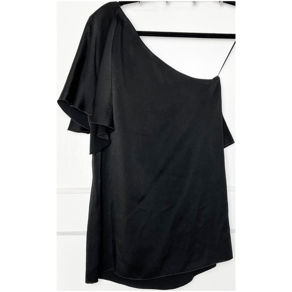 LANVIN Washed Satin Ruffled Asymmetrical One Shoulder Flutter Short Sleeve Top 2 - Picture 4 of 8